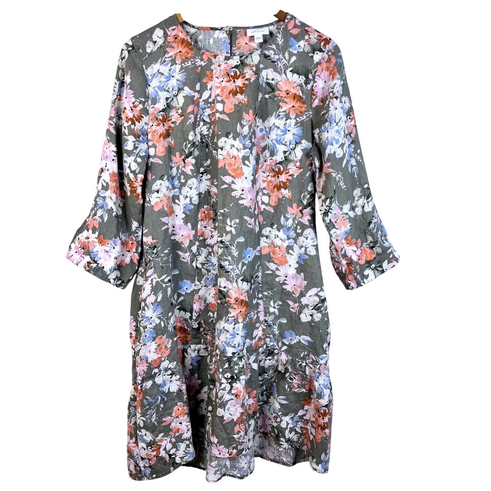 J.Jill Med 100% Linen Fresh Bloom Caraway Green Ruffle Hem Dress Pockets‎ (N645)